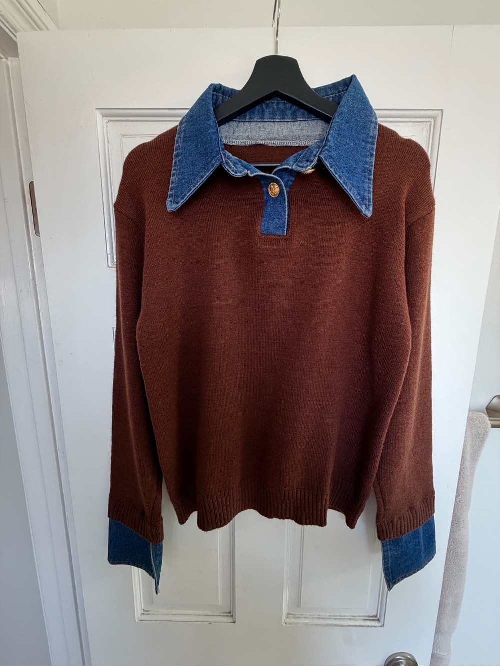 2 in 1 Denim Panel Lapel Sweater Polo Knit Sweater